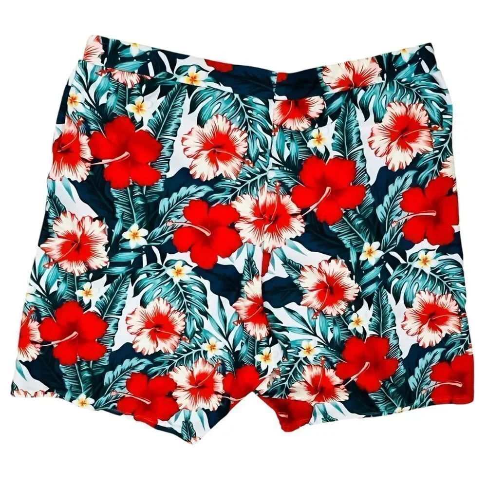 PatPat Swimsuit Men’s Red Green Tropical Hibiscus Trunks Shorts Pull On NWOT